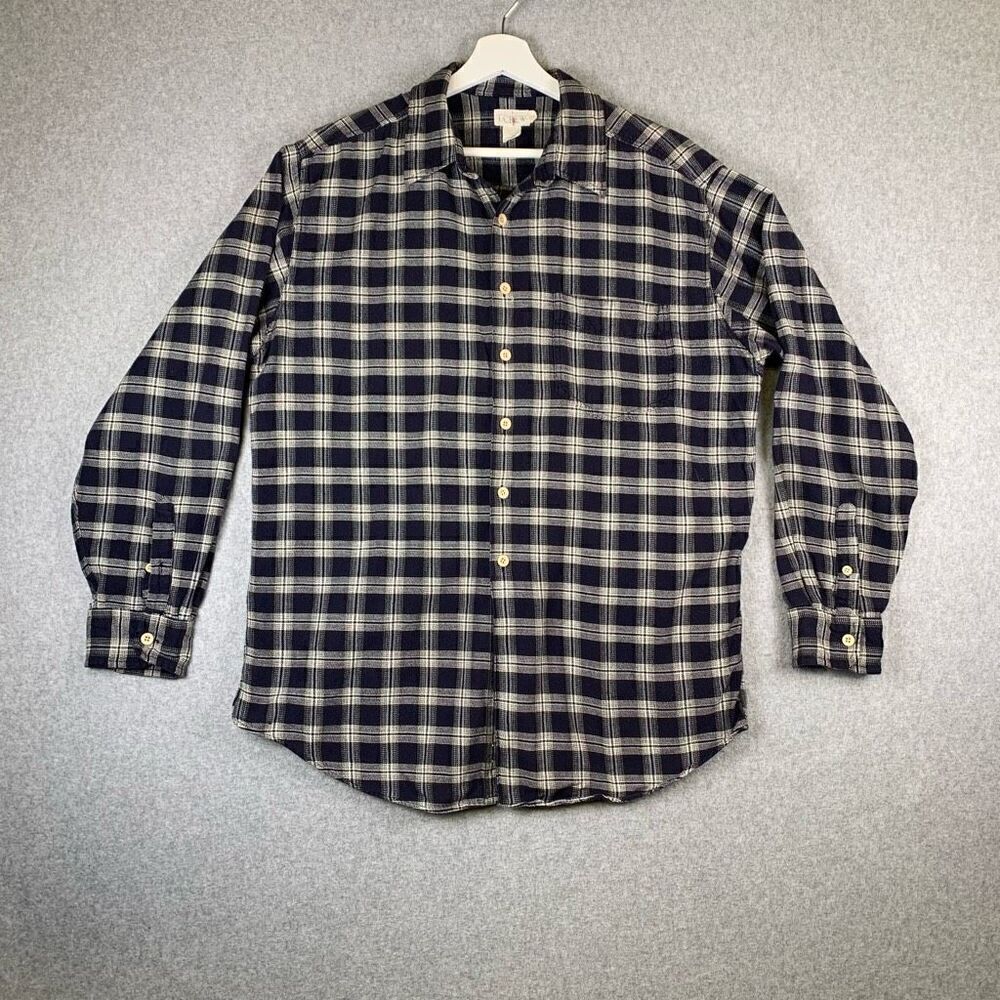J Crew Men’s Size Large Casual Button Down Shirt Navy Blue Plaid Long Sleeve